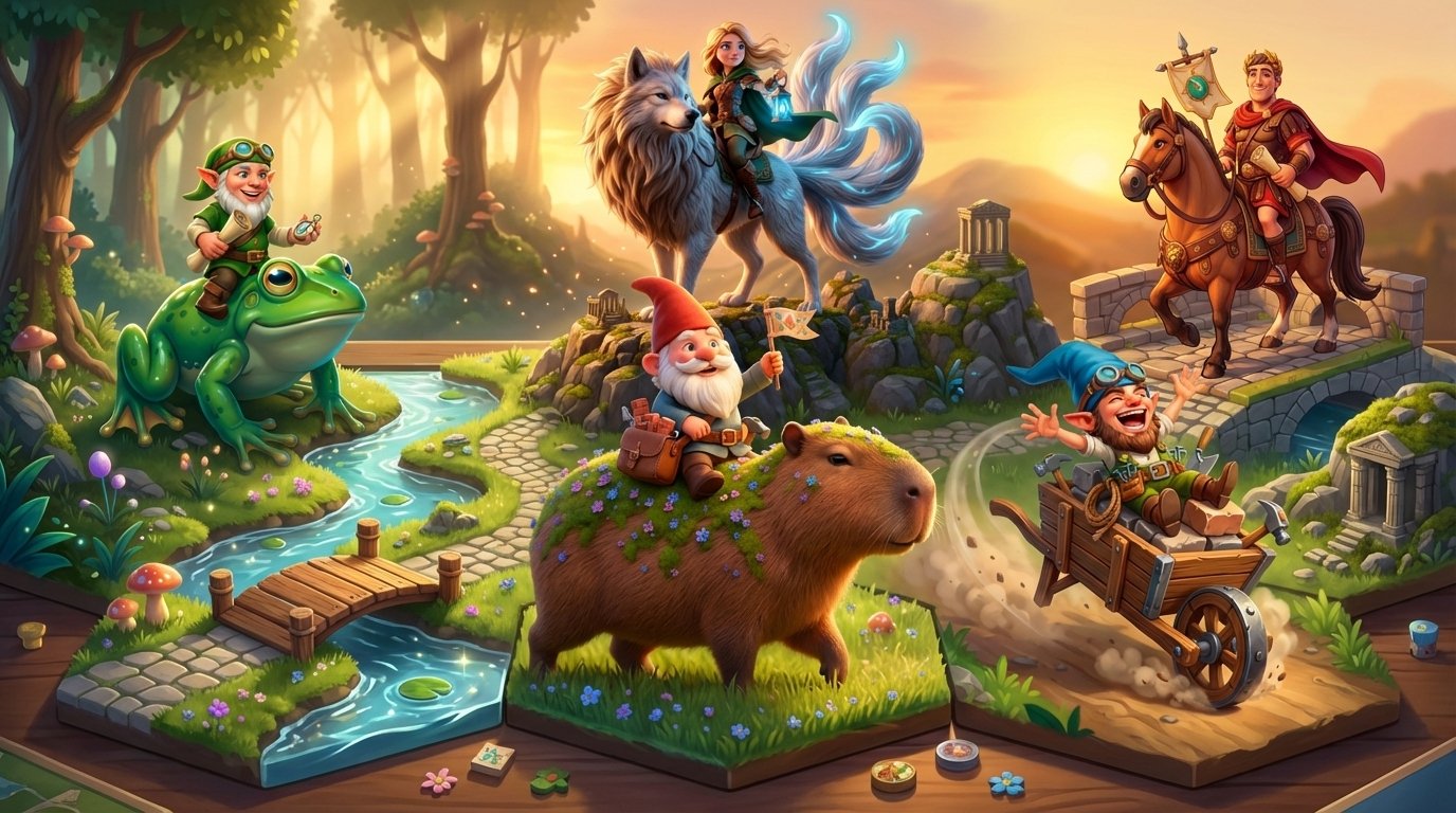 Illustrated board game characters on a fantasy map