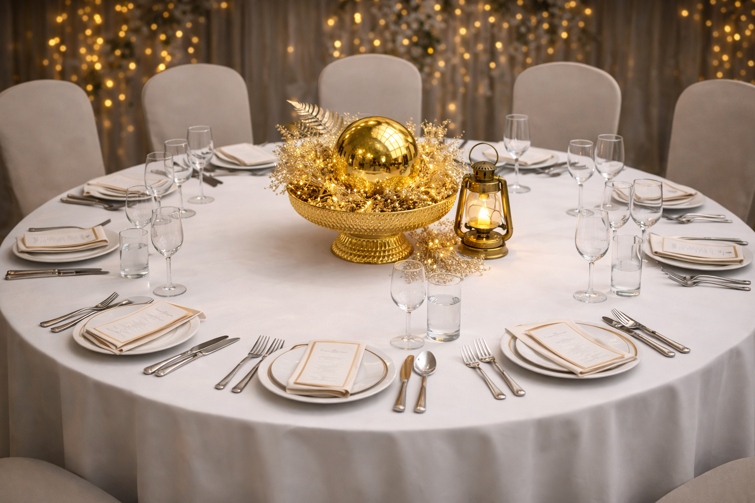 Event table setting with gold centerpiece and lantern