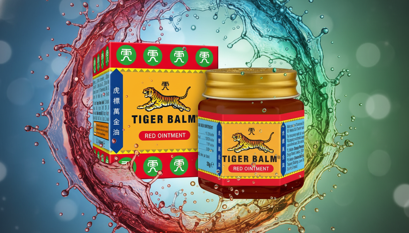 Tiger Balm product shot with colour splash backdrop